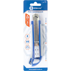 Нож технический КОБАЛЬТ лезвия 18 мм (3 шт.), двухкомпонентный корпус,металлическая направляющая, автостоп, блистер